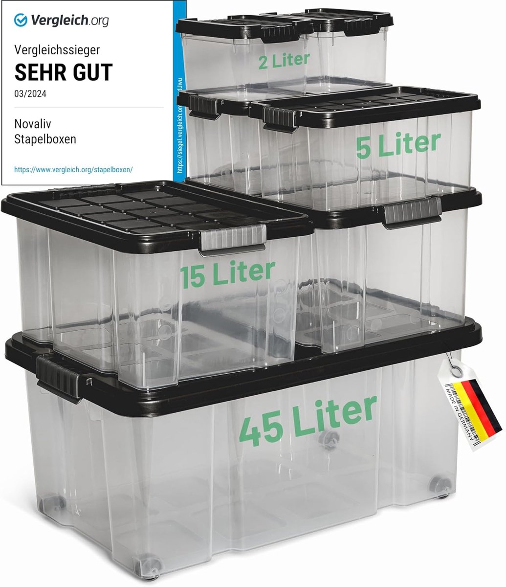 Novaliv 7-delige set opbergdozen met deksel, antraciet, 1x45 L + 2x 15 L + 2x 5 L + 2x 2 L, nestbaar, stapelbaar, clipsluiting, roldozen, BPA-vrij