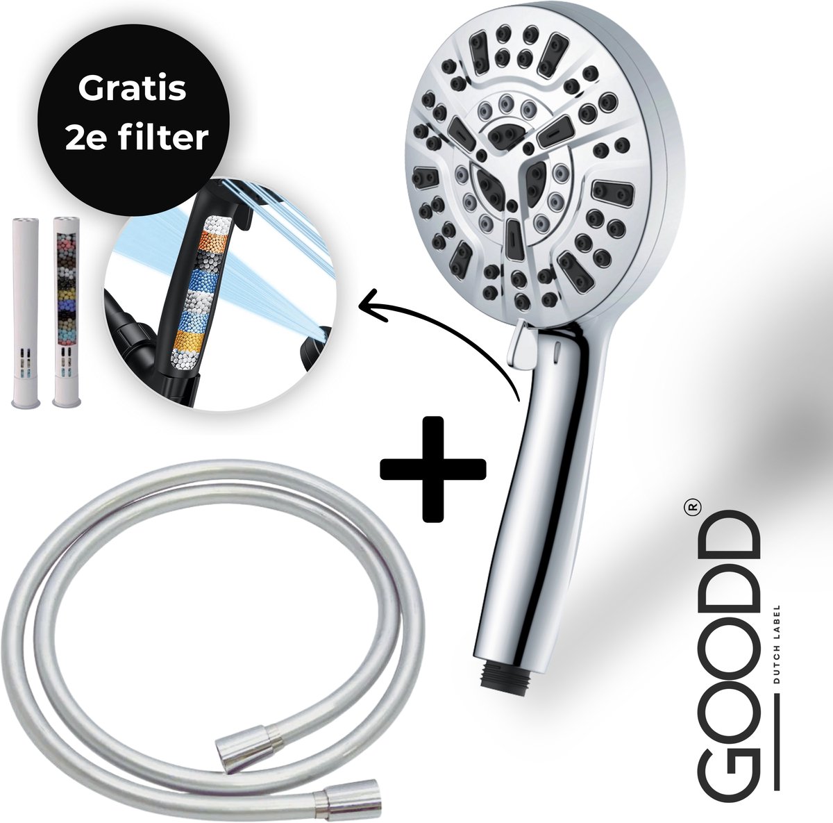 GOODD® - Douchekop - Handdouche - 2filters - Douchekop met slang - Zilver - 10 Standen - Regendouche