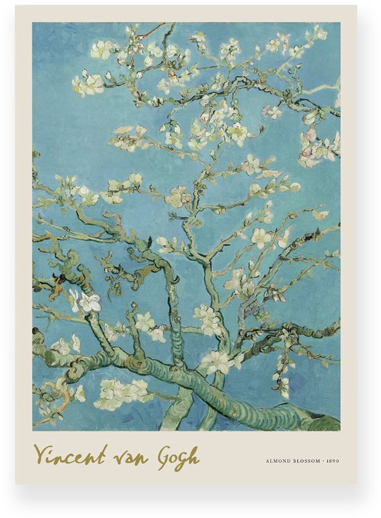 Poster 20x30 cm - Amandelbloesem - Vincent van Gogh - Bloesemtakken - Blauw - Beige - Postimpressionisme - Botanisch - Muurdecoratie - Wanddecoratie