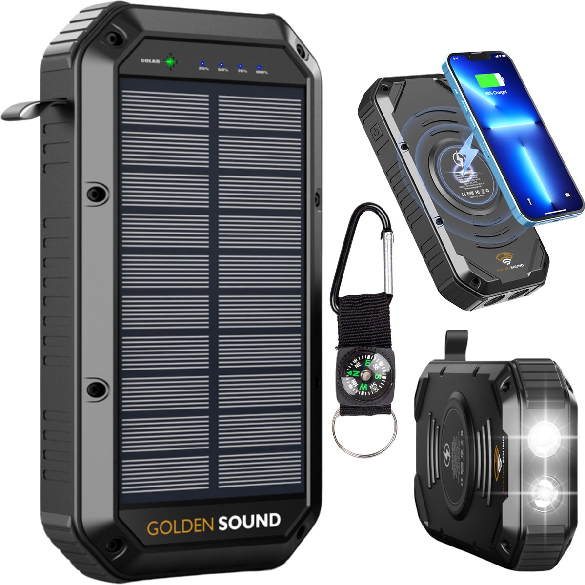 Golden Sound Solar Powerbank - Snellader 22,5W - Powerbanks - Noodpakket - Powerbank zonne-energie - 30.000 mAh - 4x USB-A, 1x USB-C en 1x Micro-usb - Universele Powerbank