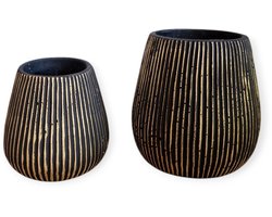 Daan Kromhout - Bloempot - Set van 2 - Steen - Robuust - Zwart met Goud - 17x16 en 12x13cm