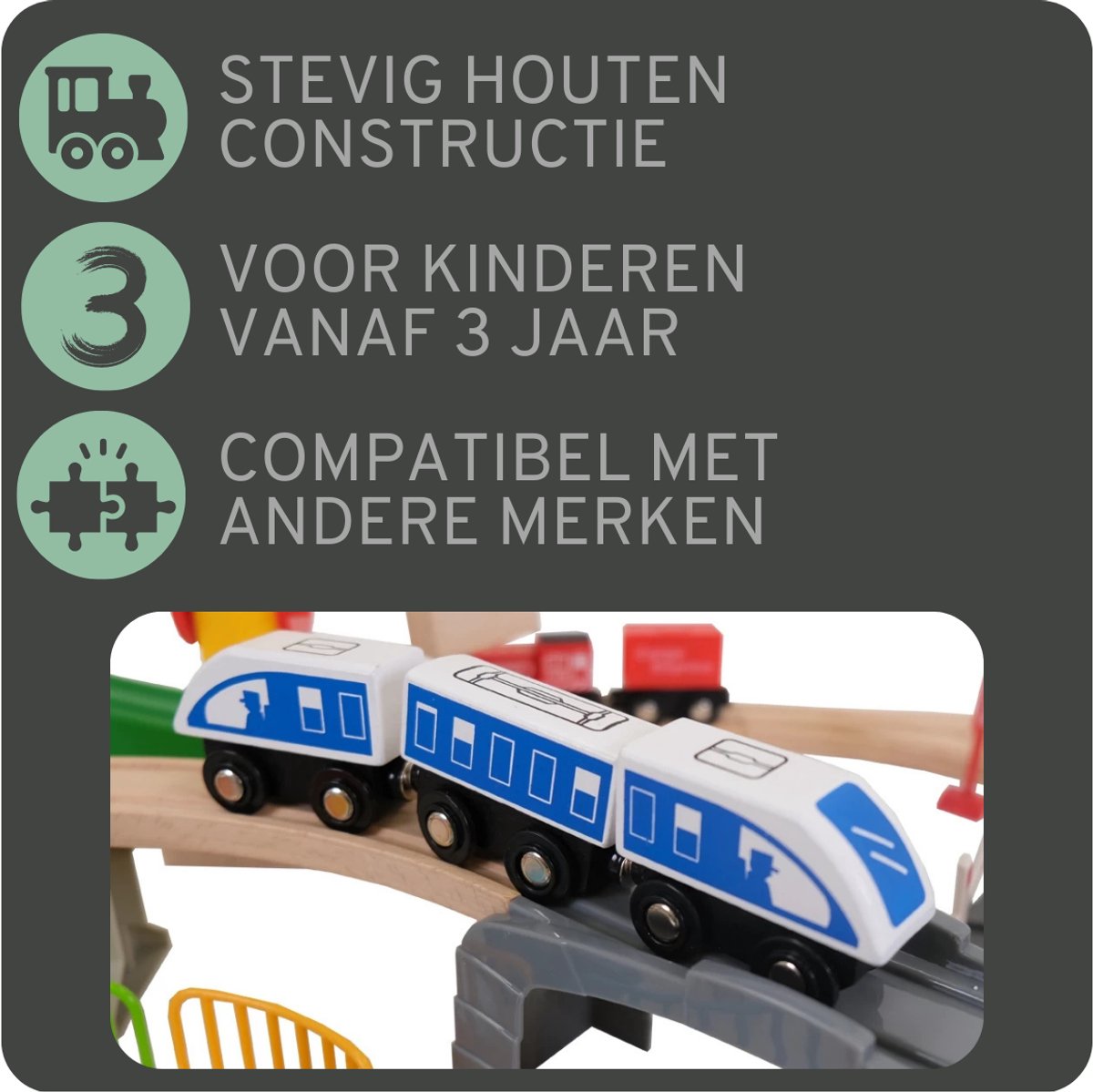Bandits & Angels Houten Treinset Transport Thema 100 delig vanaf 3 jaar voor Jongens en Meisjes - Trein Set van Hout inclusief Accessoires - 100 delen - Houten Treinbaan met Trein, Hijskraan, Vliegtuig, Helikopter — afbeelding 15
