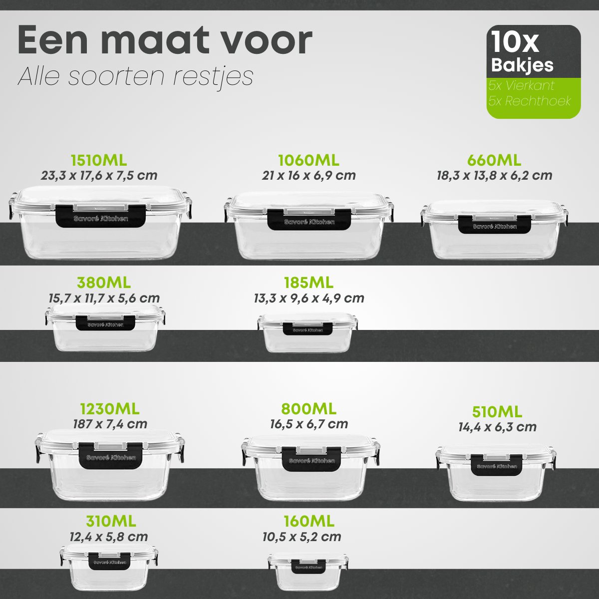 Savoré Kitchen Vershoudbakjes Glas 10 stuks – Stapelbaar - Luchtdicht – Meal Prep Bakjes - Diepvriesbakjes set — afbeelding 2