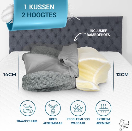 Oreiller orthopédique Glückstoff pour douleurs cervicales avec mousse à mémoire de forme - Oreiller ergonomique hypoallergénique, pour dormir et soulager les douleurs dorsales, adapté à tous les types de sommeil, y compris le sac en jute