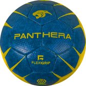 Blauwe handbal met gele accenten en het merk 'Panthera' in gele letters.