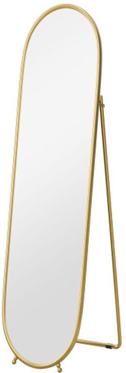 Spiegel op ware grootte, 160 x 40 cm wandspiegel met standaard, metalen frame, ovale staande spiegel voor woonkamer, slaapkamer, goud