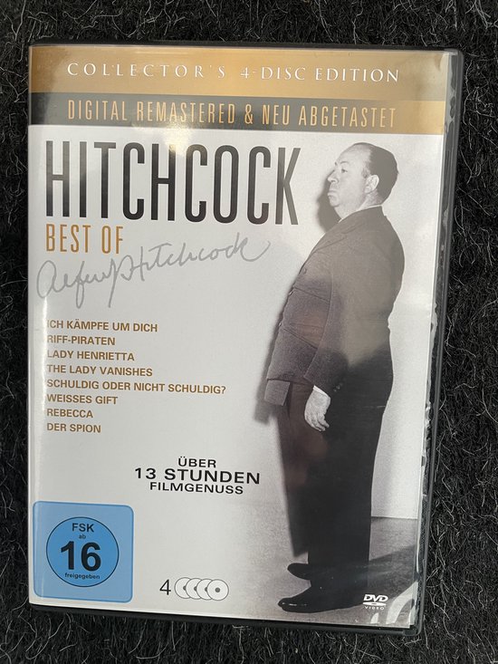 Best of Hitchcock Collector's Edition DVD met Alfred Hitchcock op de voorkant. "13 uur filmplezier".