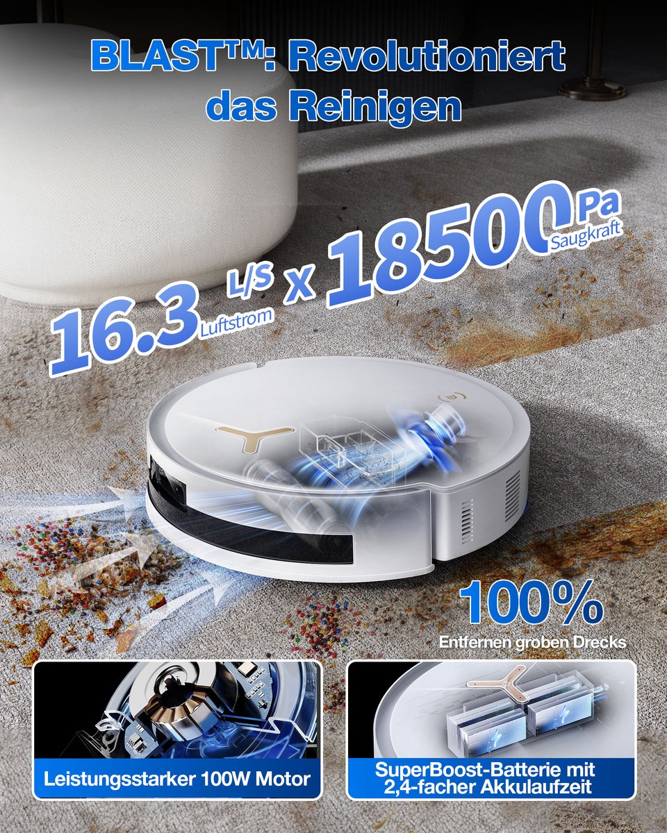 ECOVACS DEEBOT T50 Pro Omni Gen2 Robotstofzuiger met dweilfunctie, uitschuifbare zijborstel en dweil, 21.000 Pa, auto-toevoeging van reinigingsoplossing, dweilen met 75 °C heet water, ultradun, 81 mm