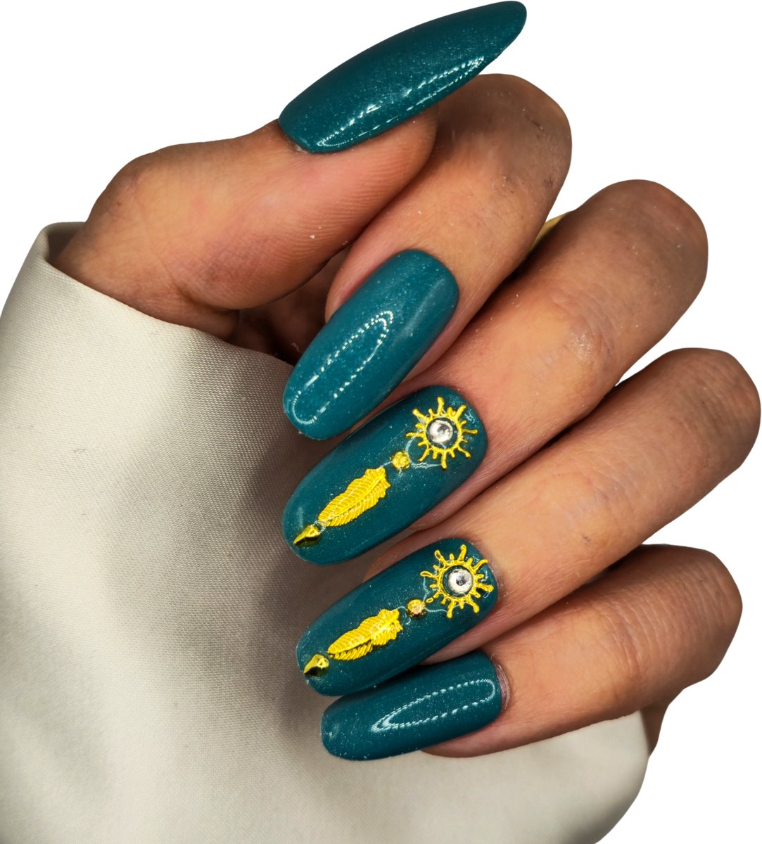 SD Press on Nails - B-274 - Plaknagels met nagellijm - Lange Ronde Kunstnagels - Blauw Groen Goud - Set 20 Kunstnagels handgemaakt van gellak - Nagellak - Nepnagels - Accessoires - Nail Art - Kunstnagels