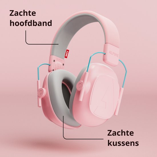 Roze Alpine Muffy gehoorbescherming, gericht op de zachte hoofdband en de zachte kussens.