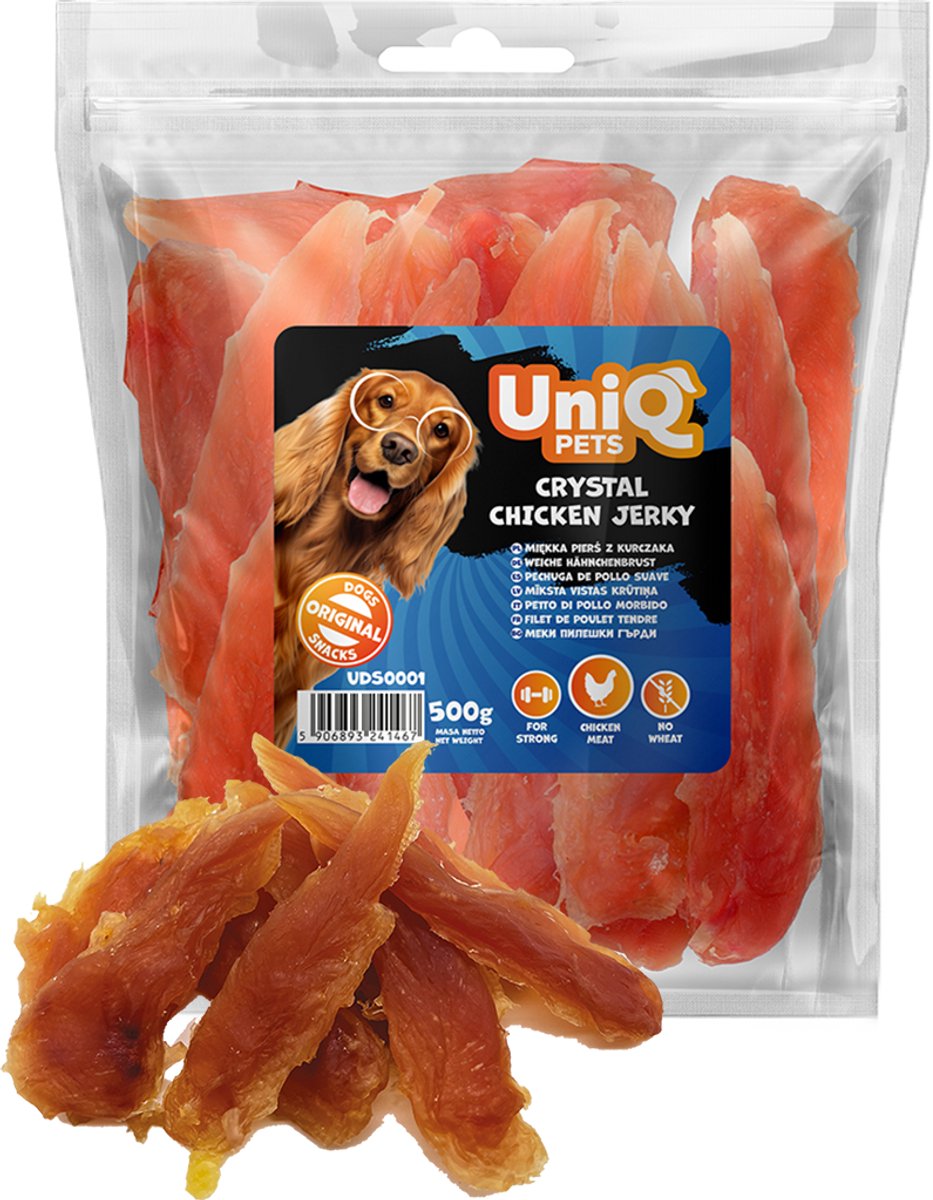 UniQ Pets 94% Kipfilet Strips - 500g - Hondensnacks - Gedroogd - Training - Hondensnoepjes - Beloningssnoepjes - Puppy - Hond