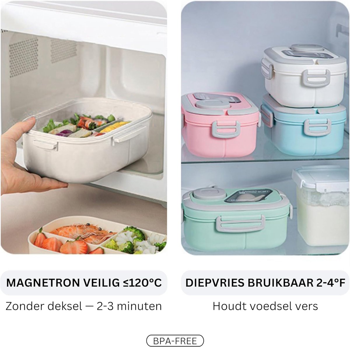 Lunchbox met sausbox en bestek, Lekvrij Bento Box 1200ml voor Diepvries, Vaatwasser & Magnetronbestendig, met Silicone Afdichtring, Dubbele Laag met 6 Vakken Voor volwassenen en kinderen, Wit-21*14.5*8.6cm — afbeelding 3