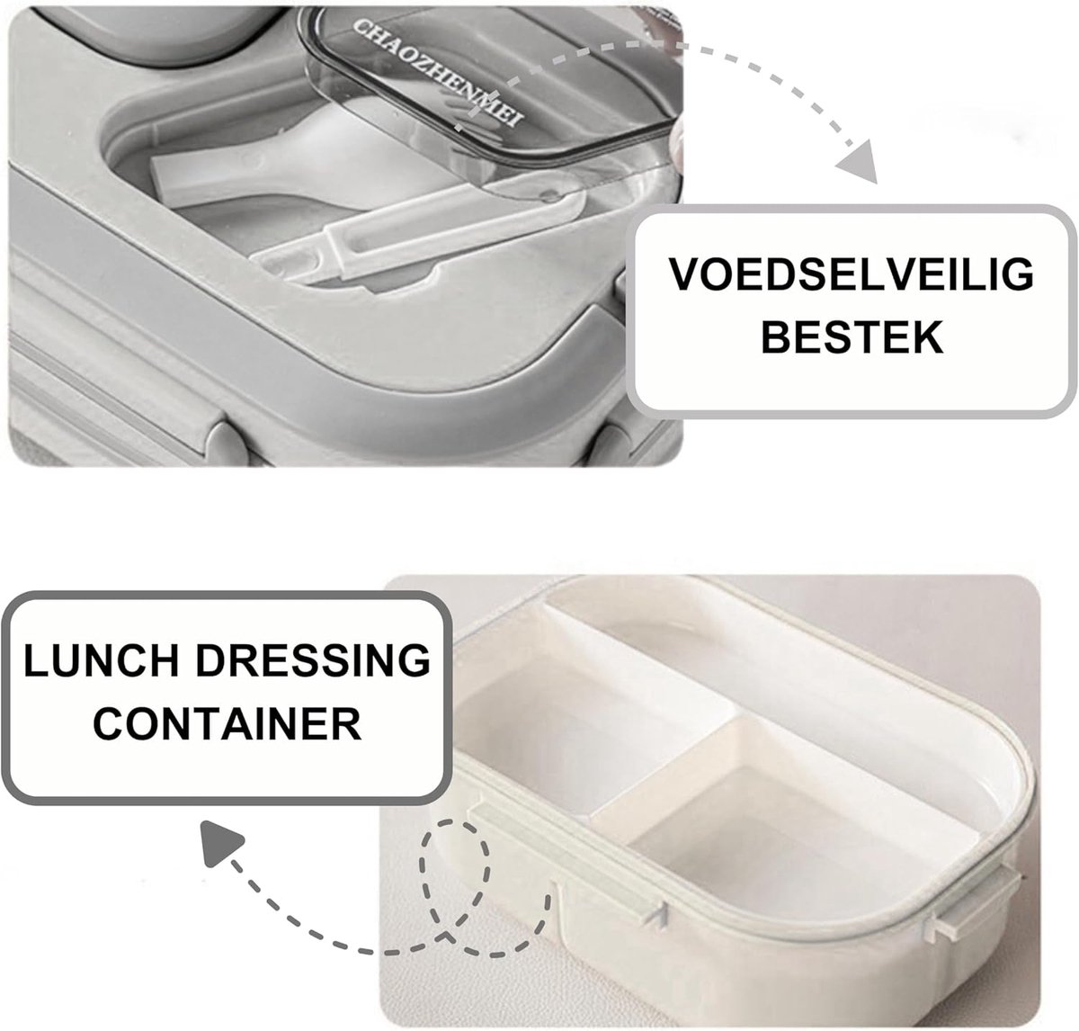 Lunchbox met sausbox en bestek, Lekvrij Bento Box 1200ml voor Diepvries, Vaatwasser & Magnetronbestendig, met Silicone Afdichtring, Dubbele Laag met 6 Vakken Voor volwassenen en kinderen, Wit-21*14.5*8.6cm — afbeelding 4