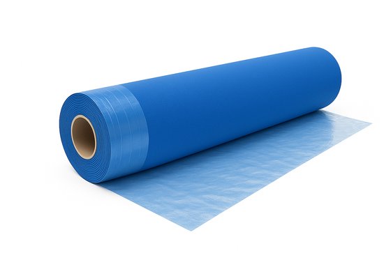 Un rouleau de tapis bleu avec un film protecteur fin et transparent sur le dessous.