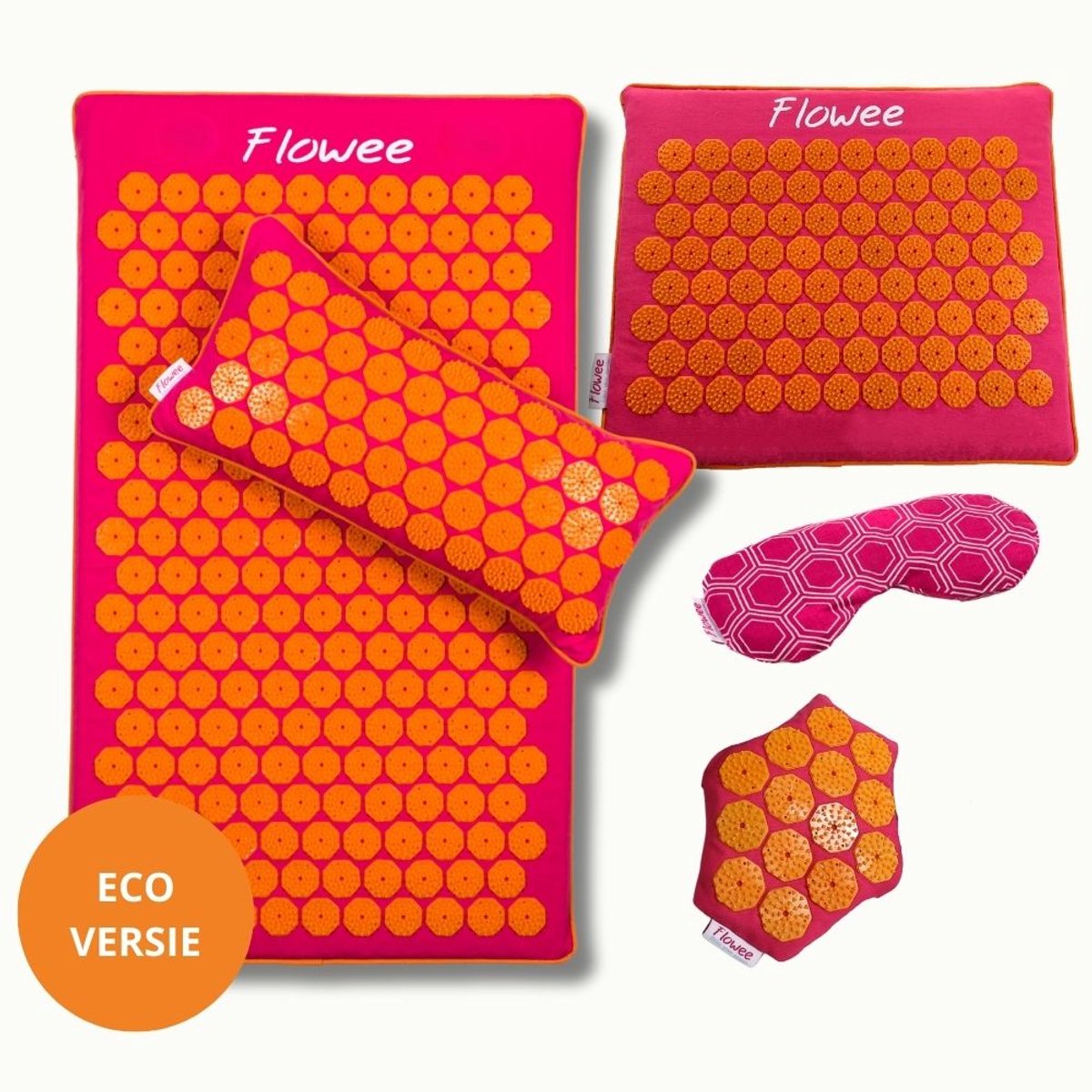 Goedkoopste Flowee Relaxset PRO - Spijkermat ECO, spijkerkussen, spijkermat klein & -massagehand & Oogkussen - Fuchsia met oranje - Vulling Kokosvezels & Boekweitkaf & Lavendel (77x45 22x44cm) - Acupressuur Mat - Spijkerbed - Acupunctuur - Shakti Massage