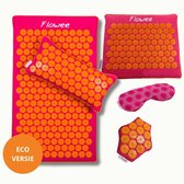 Flowee Relaxset PRO - Spijkermat ECO, spijkerkussen, spijkermat klein & -massagehand & Oogkussen - Fuchsia met oranje - Vulling Kokosvezels & Boekweitkaf & Lavendel (77x45+22x44cm) - Acupressuur Mat - Spijkerbed - Shakti Massage - Vijf jaar Garantie