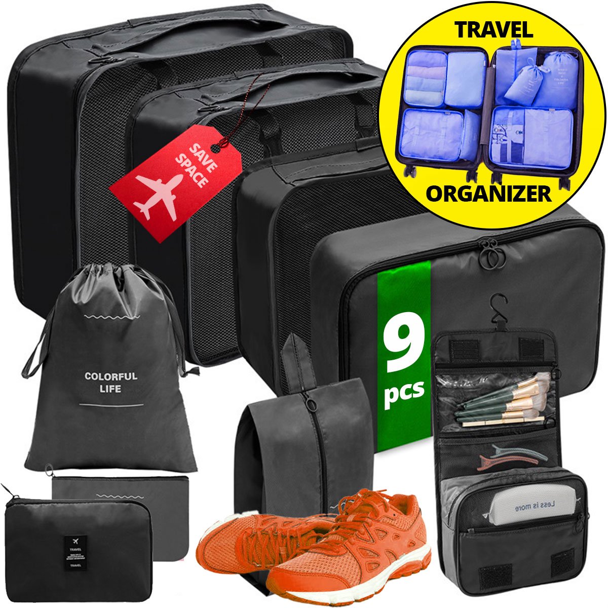 GMR Packing Cubes Set | 9 Delig | Koffer & Reistas Organizers voor Kleding, Schoenen, Backpack & Beauty - Koffer Organizer Set - Inclusief Cosmetica Tas & Etui - Zwart