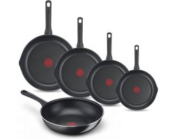 Tefal Day by Day Pannenset - Koekenpannen 20/24/28/32cm + Wokpan 28cm - Niet geschikt voor Inductie - Anti-aanbaklaag - Schenktuiten - Aluminium - Zwart