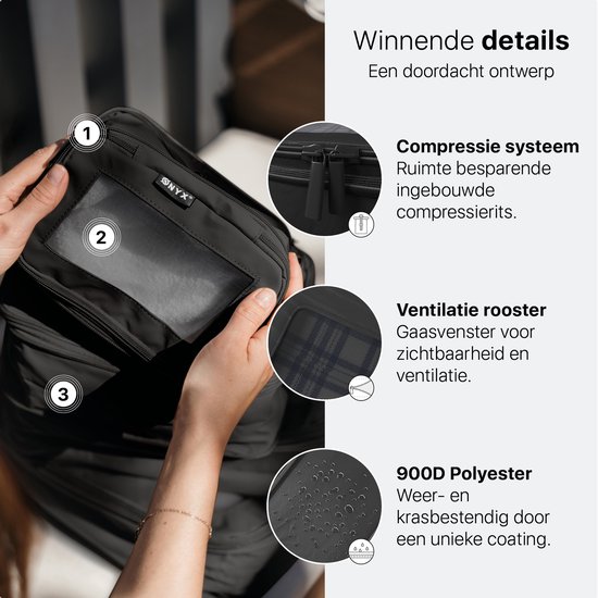 Zwarte ONYX packing cube met compressiesysteem, ventilatierooster en 900D polyester.