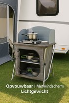 HEM Campingkeuken - opvouwbare campingkast - reiskeuken met hittebestendig werkblad en windscherm - buitenkeuken voor voortent, caravan of autocamping - met opbergvakken en draagtas - grijs