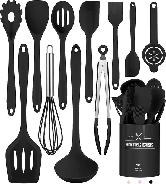 HAUSS SPOLE Keukengerei-Set - 12-Delige Siliconen Kookgerei - Hittebestendig Keukenset Met Houder - Voor Dagelijks Koken - Anti-aanbak - 210°C - Siliconen - Zwart