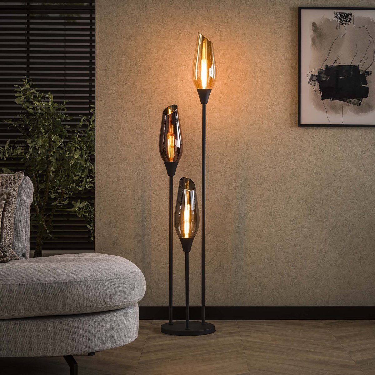 PS-Collection Cocoon Mix Glass Vloerlamp - Amber/Koper/Chroom - 35x35x168 - Metaal - vloerlampen woonkamer, vloerlamp zwart, vloerlamp industrieel, vloer lamp, vloerlampen landelijk, staande lampen woonkamer, staande lampen, staande lamp industrieel