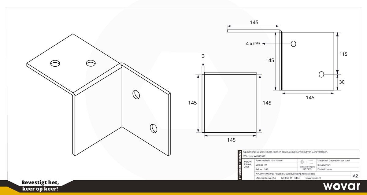 Wovar Pergola Muurbevestiging Zwart Gecoat voor 15 x 15 cm balken Rechts | Per Stuk