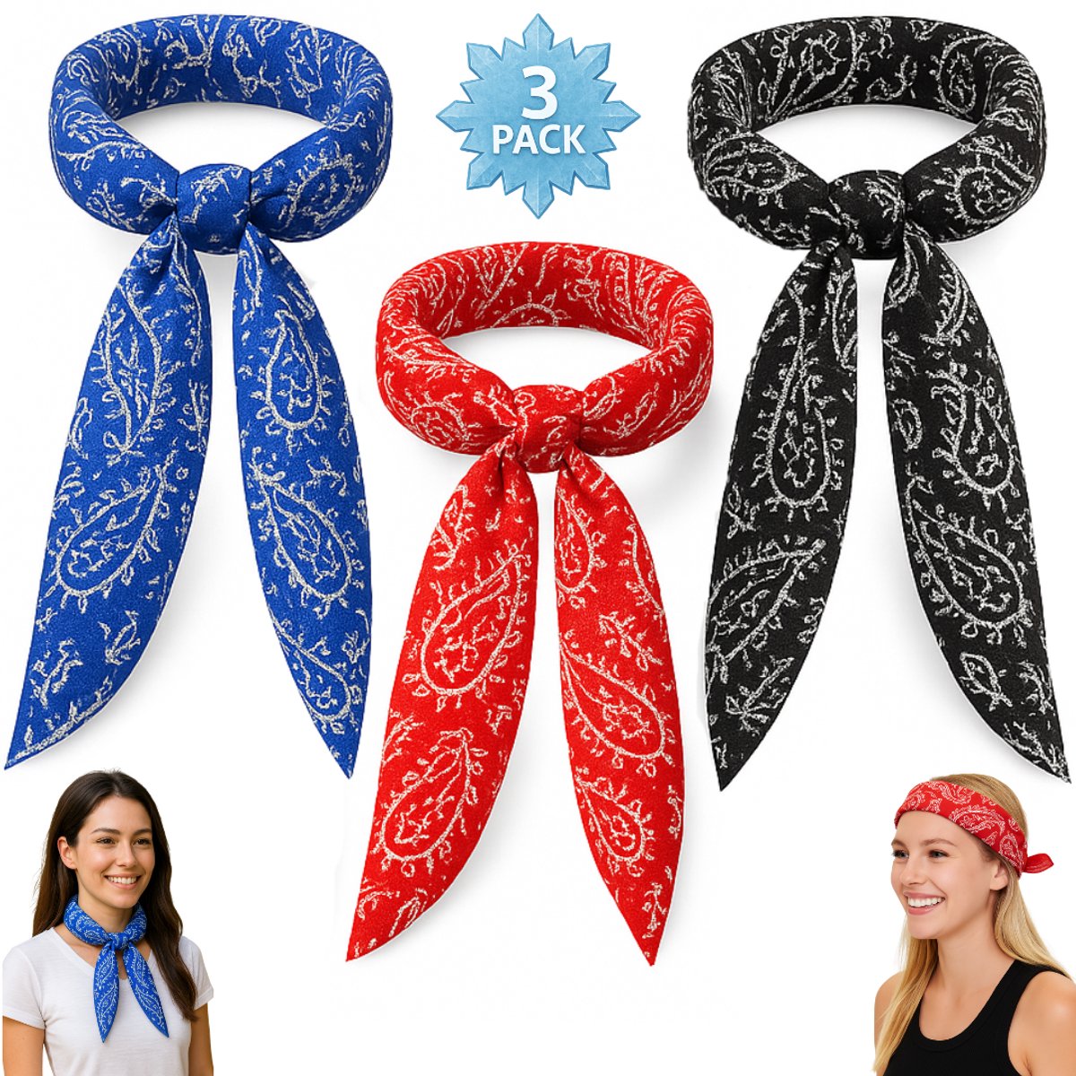 Twenty4seven® Koelsjaal Set - 3 stuks - Sjaal Dames & Heren Zomer - Koelhanddoek Verkoelend - Sport - Hoofdpijn Verlichter - Zwart, Rood & Blauw