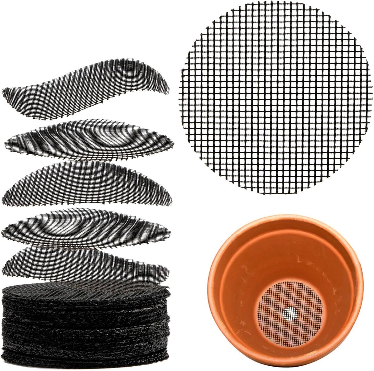 100 stuks - 5cm - Bloempot Gaas Pakking - Bloempot Gaas Mat - Keramische Bloempot Ademende Insectenwerende Mat - Voorkomt Bodem Lekkage - Drainage en Ventilatie - Zwart