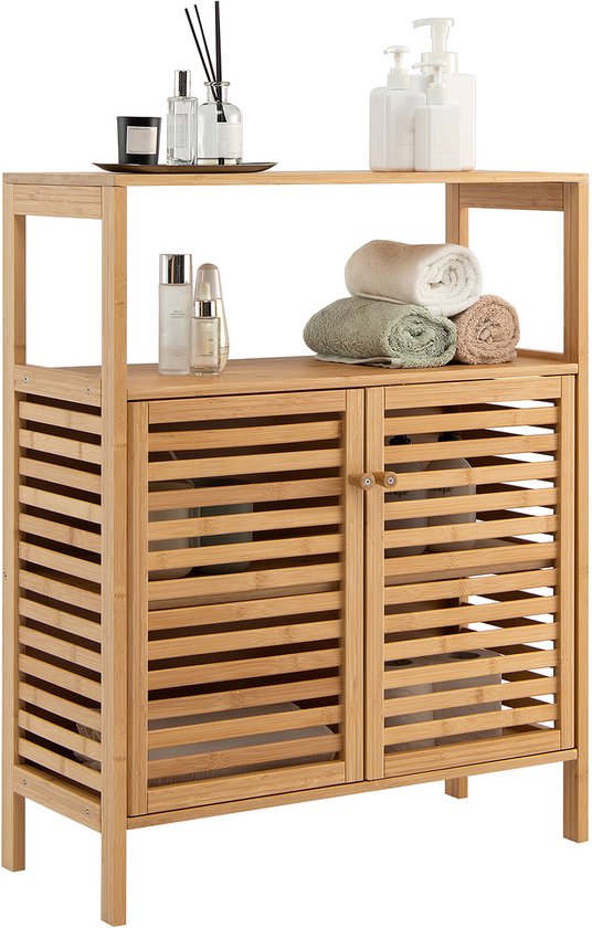 COSTWAY Meuble de rangement de salle de bain en Bamboe , organiseur de rangement autonome avec étagère ouverte et Portes à double persiennes, étagère amovible, meuble de sol en Bamboe pour salle de bain, salon, Cuisine, entrée
