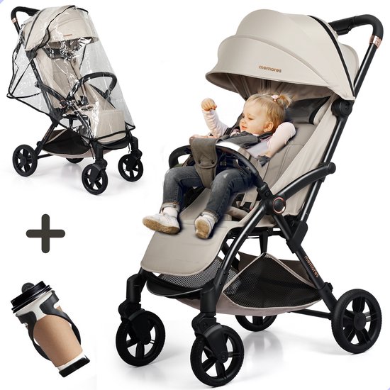 M2 Memores Plooibuggy Beige - Buggy Inklapbaar Inclusief Regenhoes, Bekerhouder en Tassenhaken - Peuter -Extra licht & Compact voor Vliegtuig, Auto & OV - Extra Veilig en Wendbaar door Grote Massieve Wielen - Tot 4 jaar - Kinderwagens - Wandelwagen
