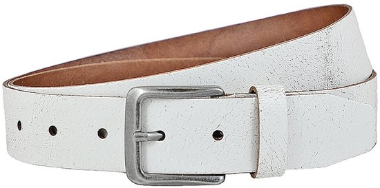 Ceinture en cuir blanc craquelé avec une boucle carrée en métal. L'intérieur brun est visible.