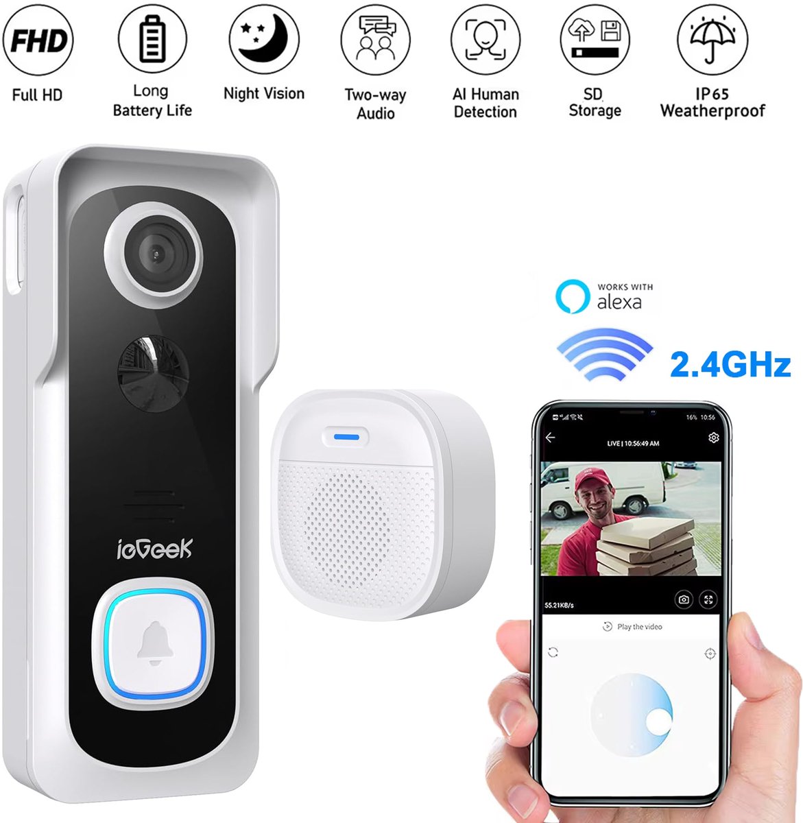 ieGeek 2K WLAN Videodeurbel met Nachtzicht - ieGeek - €55,99