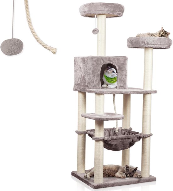 Lycce Krabpaal groot Royal 145 cm hoog meerlaagse kattenboom incl. 10 krabzuilen met volledige sisomwikkeling, hol, hangmat, 4 platforms, pluche bal, grijs, zeer stabiel, ruimtebesparend