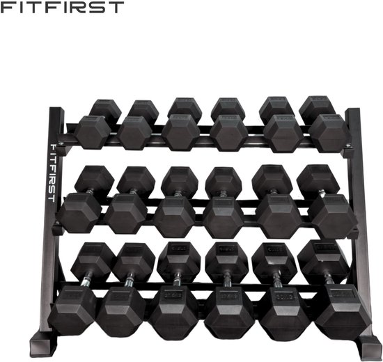 FitFirst Dumbbell Rek – 3 Lagen – Robuust en Ruimtebesparend – Thuisgym Opslag – Zwart