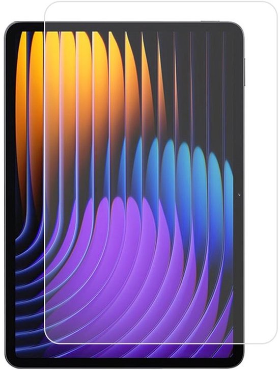 Transparante screenprotector op een tablet met een abstracte wallpaper van paarse, blauwe en oranje golven.