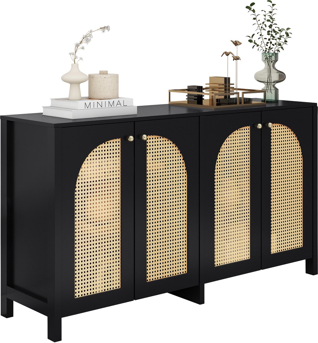 Modern dressoir in minimalistische stijl 4-rotan deur - metalen handvat eenvoudige buffetkast - zwart