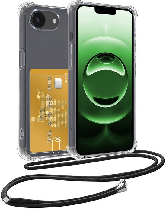 Hoes Geschikt voor iPhone 16e Hoesje Pas Houder Shock Proof Case Hoes Met Koord - Hoesje Geschikt voor iPhone 16e Hoes Met Telefoonkoord Pasjeshouder Cover - Transparant