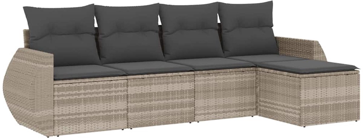 The Living Store 5-delige Loungeset met kussens poly rattan lichtgrijs - Loungeset - Tuinmeubles - Lounge Set - Ratten Meubel - Buitendecoratie