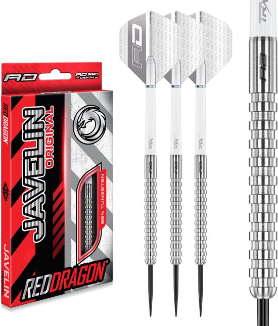 Red Dragon Javelin 85% tungsten dartpijlen. Doosje en drie darts met zilveren grip.