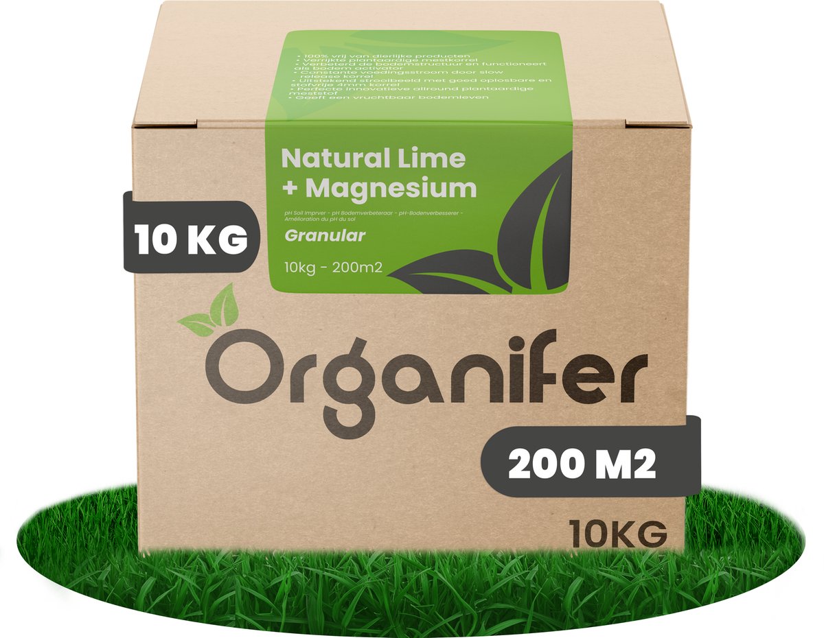 Kalk Korrel meststof verrijkt met magnesium (10Kg - Voor 200m2) voor dieper bladgroen (+PH) Speciaal voor gazon, Perken, Moestuin en openbaar groen - Organifer
