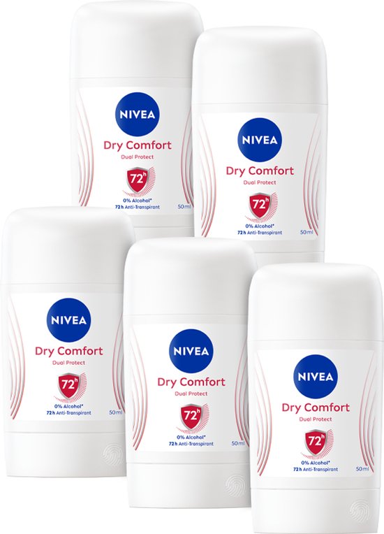 NIVEA Dry Comfort Anti-Transpirant Deodorant Stick - 48 uur Bescherming - Quick Dry Deo Dames - Alcoholvrij - Deostick - 5 x 50 ml - Voordeelverpakking