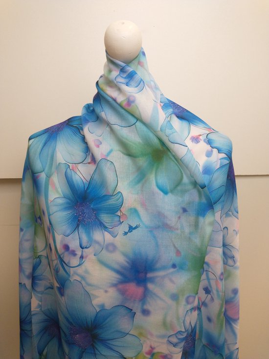 Lange dames sjaal Kathy-gebloemd motief-blauw wit groen roze paars zwart lila
