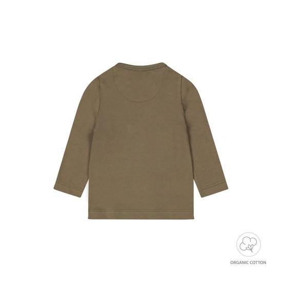 De achterkant van een effen kaki longsleeve T-shirt met het Dirkje-label zichtbaar aan de binnenkant van de nek.