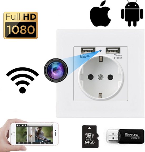 Verborgen Spy Camera Stopcontact - Wifi met App - USB Oplader - Spionage Camera - Beveiligingscamera FULL HD 1080P - Incl. 64GB Micro SD kaart - Nachtzicht - Bewegingssensor - Black Friday 2023