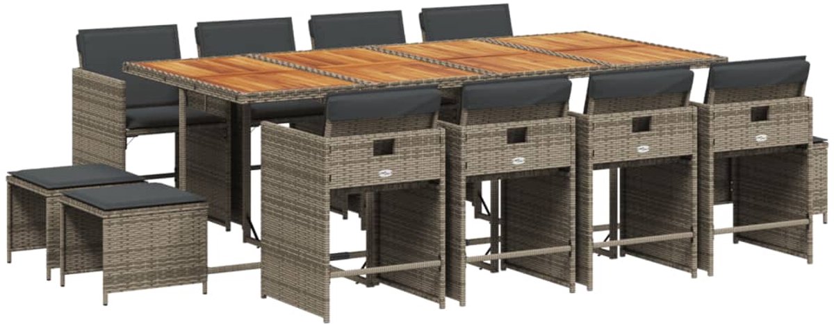 The Living Store 13-delige Tuinset met kussens poly rattan grijs - Tuinmeubles - Tuinset - Buitendecoratie - Lounge Set - Poly Rattan