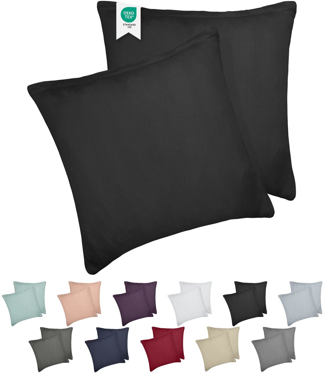 Barbons kussensloop 80x80 set van 2 - Jersey 165 g/m² kussenhoes - 100% Katoen - zwart