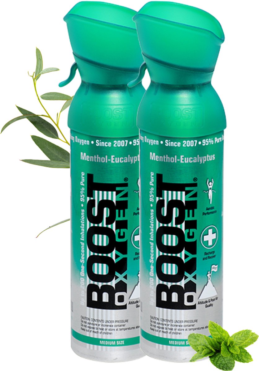 Boost Oxygen - Medium 5L - Menthol-Eucalyptus - 95% Pure Zuurstof - Tot wel 200 inhalaties van 1 sec - Ademhalingsondersteuning voor sport herstel, hoogte, prestaties en gezondheid - Zuurstoffles - 2x 5L (2 pak, 10L totaal)