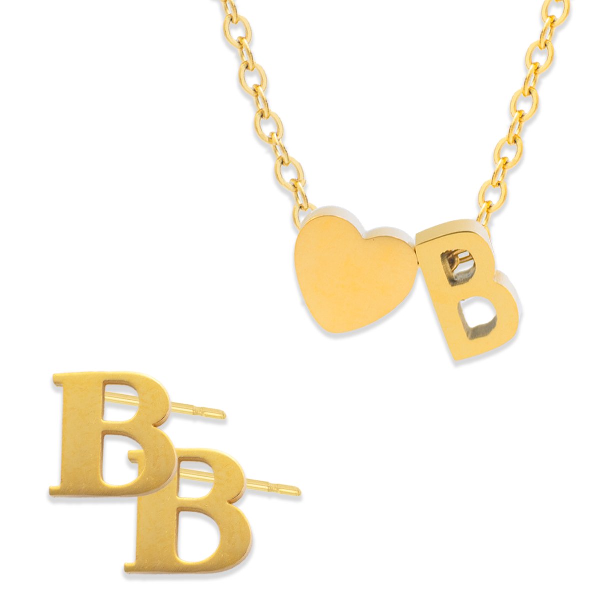 Initiaal Ketting & Oorbellen set met Letter B Goudkleurig - Stainless Steel - Met letter & Hartje! - 2x Sieraden Cadeau - Pax Amare