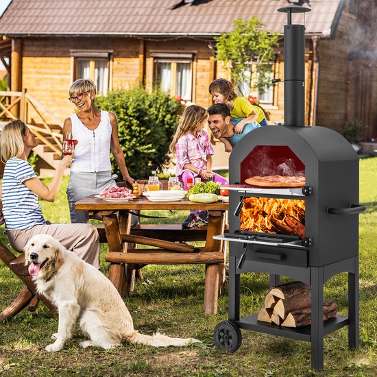 COSTWAY Pizzaoven voor buiten, houtgestookte pizzaoven met ingebouwde thermometer, praktische handgreep, wielen, waterdichte afdekking en asopvanglade van costway — afbeelding 2